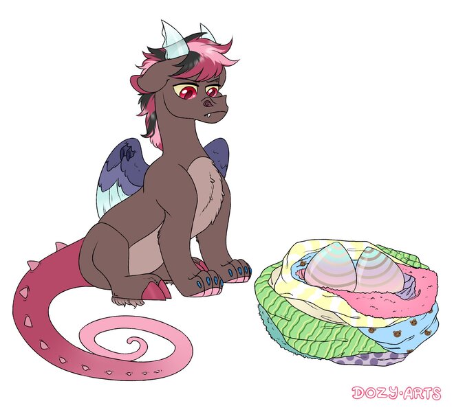 Size: 2200x2000 | Tagged: safe, artist:dozy_arts, derpibooru import, oc, oc:pandemonium, unofficial characters only, draconequus, blanket, child, egg, image, jpeg, nest, offspring, parent:discord, parent:oc:dozy, parents:canon x oc, solo, story included