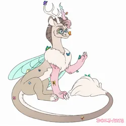 Size: 2000x2000 | Tagged: safe, artist:dozy_arts, derpibooru import, oc, oc:ruckus, unofficial characters only, butterfly, draconequus, insect, antlers, child, horns, image, jpeg, offspring, parent:discord, parents:canon x oc, signature, solo, story included