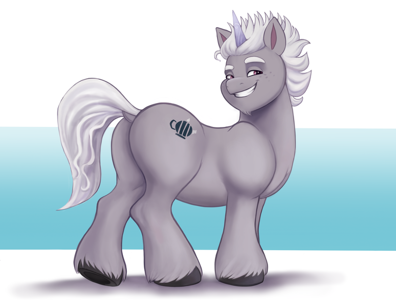 Size: 3900x3024 | Tagged: safe, artist:sallylla, derpibooru import, alphabittle (g5), pony, unicorn, g5, my little pony: a new generation, alphabooty, butt, dock, eyebrows, freckles, full body, grin, horn, image, lidded eyes, male, plot, png, raised hoof, raised tail, simple background, smiling, smug, solo, stallion, standing, tail, teeth, unshorn fetlocks, younger