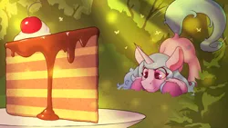 Size: 3840x2160 | Tagged: safe, artist:cocaine, derpibooru import, izzy moonbow, pony, unicorn, butt shake, cake, eyes on the prize, food, forest, g5, hunting, image, png, tree, wiggle