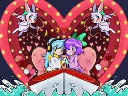 Size: 2160x1620 | Tagged: safe, artist:gissy, derpibooru import, oc, oc:mable syrup, oc:musicallie, unofficial characters only, rabbit, equestria girls, animal, blue hair, blushing, boat, bow, brown eyes, clothes, deaf, dress, female, flower, gray eyes, green eyes, hair bow, headphones, heart, holding hands, hoodie, image, lesbian, long hair, love, png, purple hair, rose, tunnel, water, wings
