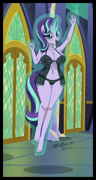 Size: 1096x2048 | Tagged: questionable, artist:sonork91, derpibooru import, starlight glimmer, anthro, plantigrade anthro, armpits, babydoll, babydoll lingerie, barefoot, belly button, big breasts, black underwear, breasts, busty starlight glimmer, castle, clothes, feet, female, happy, image, jpeg, levitation, lingerie, looking at you, magic, negligee, nightgown, open mouth, panties, see-through, self-levitation, solo, solo female, telekinesis, underwear, waving