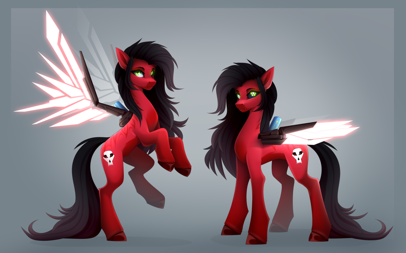 Size: 1082x676 | Tagged: safe, artist:buvanybu, derpibooru import, oc, oc:scarlet shrike, unofficial characters only, cyborg, cyborg pony, pegasus, pony, amputee, artificial wings, augmented, chaos, crossover, female, image, khorne, pegasus oc, png, prosthetic eye, prosthetic limb, prosthetic wing, prosthetics, red and black oc, scar, solo, solo female, warhammer (game), warhammer 40k, wings