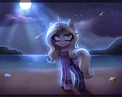 Size: 2800x2243 | Tagged: safe, artist:opal_radiance, derpibooru import, oc, unnamed oc, unofficial characters only, pony, unicorn, beach, empire, high res, horn, image, looking at you, lunar, lunarist, moon, night, png, shooting star, smiling, smiling at you, solo, unicorn oc