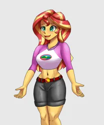 Size: 1500x1800 | Tagged: suggestive, artist:zachc, derpibooru import, sunset shimmer, human, equestria girls, 2020s, 2022, belly button, belt, breasts, busty sunset shimmer, clothes, curvy, denim, denim shorts, exposed belly, female, grey bottomwear, happy, image, imminent dancing, logo on topwear, long hair, metahuman, midriff, open mouth, open smile, png, red belt, sexy, shorts, smiling, solo, solo female, standing, stupid sexy sunset shimmer, teenager, two toned hair, two toned topwear (pink & white), yellow skin