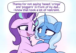 Size: 2927x2050 | Tagged: safe, artist:moozua, derpibooru import, starlight glimmer, trixie, pony, unicorn, blushing, dialogue, female, image, implied lesbian, implied shipping, implied startrix, lesbian, looking at each other, looking at someone, mare, png, shipping, simple background, speech bubble, startrix