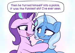 Size: 2927x2050 | Tagged: safe, artist:moozua, derpibooru import, starlight glimmer, trixie, pony, unicorn, dialogue, female, image, looking at each other, looking at someone, mare, pickle rick, png, simple background, speech bubble, vulgar