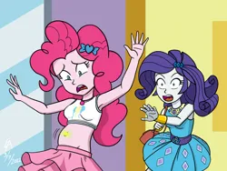 Size: 2224x1668 | Tagged: safe, artist:mayorlight, derpibooru import, pinkie pie, rarity, fanfic, equestria girls, belly button, belly dance, clothes, cutie mark, cutie mark on clothes, digital art, fanfic art, fanfic cover, geode of shielding, geode of sugar bombs, image, magical geodes, midriff, open mouth, png, procreate app, purse, raised arms, rarity peplum dress, tanktop