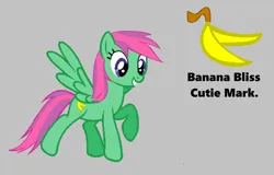 Size: 2216x1416 | Tagged: safe, artist:detailedatream1991, artist:ukulelemoon, derpibooru import, banana bliss, pegasus, pony, banana, female, food, gray background, image, mare, png, simple background, smiling, spread wings, text, wings