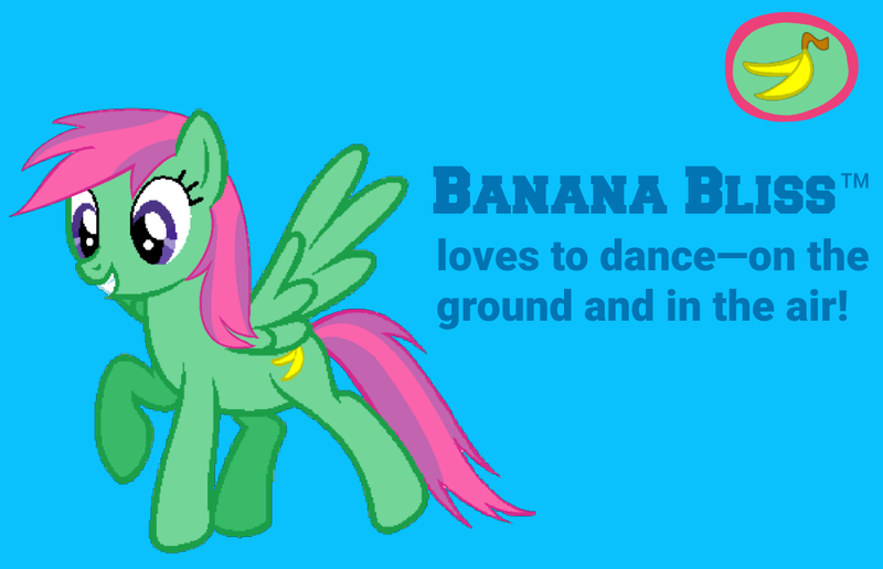 Size: 1243x802 | Tagged: safe, artist:detailedatream1991, artist:pagiepoppie12345, artist:ukulelemoon, derpibooru import, banana bliss, pegasus, pony, banana, blue background, cutie mark, female, food, image, mare, png, simple background, smiling, spread wings, text, wings