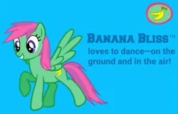 Size: 1243x802 | Tagged: safe, artist:detailedatream1991, artist:pagiepoppie12345, artist:ukulelemoon, derpibooru import, banana bliss, pegasus, pony, banana, blue background, cutie mark, female, food, image, mare, png, simple background, smiling, spread wings, text, wings