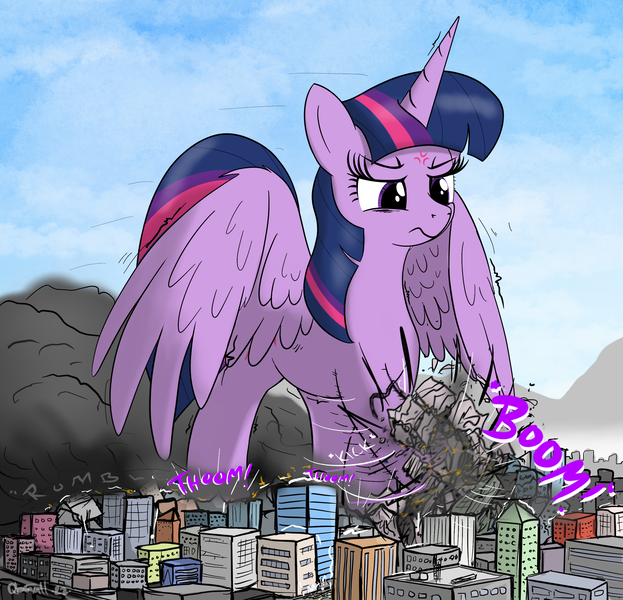 Size: 2520x2426 | Tagged: safe, artist:qkersnll, derpibooru import, twilight sparkle, alicorn, pony, city, destruction, female, giant pony, giantess, image, macro, png