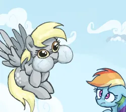 Size: 453x402 | Tagged: safe, artist:plunger, derpibooru import, derpy hooves, rainbow dash, ponified, pegasus, pony, drawthread, duo, flying, image, png, ponified animal photo, puffy cheeks, requested art