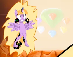 Size: 410x324 | Tagged: safe, artist:somefurryontheinternet, derpibooru import, edit, twilight sparkle, twilight sparkle (alicorn), alicorn, pony, bipedal, chaos emerald, corrupted, cropped, dusk till dawn, error, female, glitch, horn, image, mare, master emerald, pibby, png, smiling, sonic the hedgehog (series), spread wings, super form, super sonic, wings, youtube link