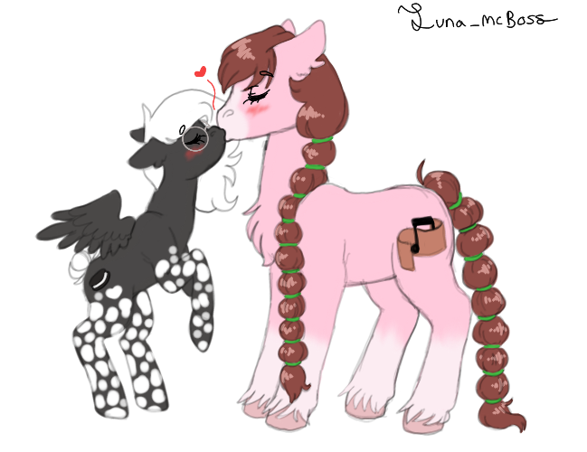 Size: 649x500 | Tagged: safe, artist:luna_mcboss, derpibooru import, oc, oc:double stuff, oc:yamire, unofficial characters only, clydesdale, earth pony, pegasus, pony, blaze (coat marking), blushing, brown mane, chest fluff, coat markings, cookie, cute, duo, duo female, ear fluff, earth pony oc, eyes closed, facial markings, feathered fetlocks, female, females only, food, glasses, gray coat, hair tie, image, kisses, kissing, long hair, mottled coat, oc x oc, pegasus oc, pink coat, png, shipping, simple background, socks (coat marking), tail, tail bun, white background, white mane, wholesome, wings