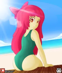 Size: 2976x3507 | Tagged: safe, artist:minusclass, derpibooru import, apple bloom, human, equestria girls, baywatch, beach, bloom butt, butt, clothes, cloud, crepuscular rays, high res, image, jpeg, lens flare, looking at you, looking back, looking back at you, one-piece swimsuit, patreon, patreon logo, sand, solo, summer, swimsuit, water