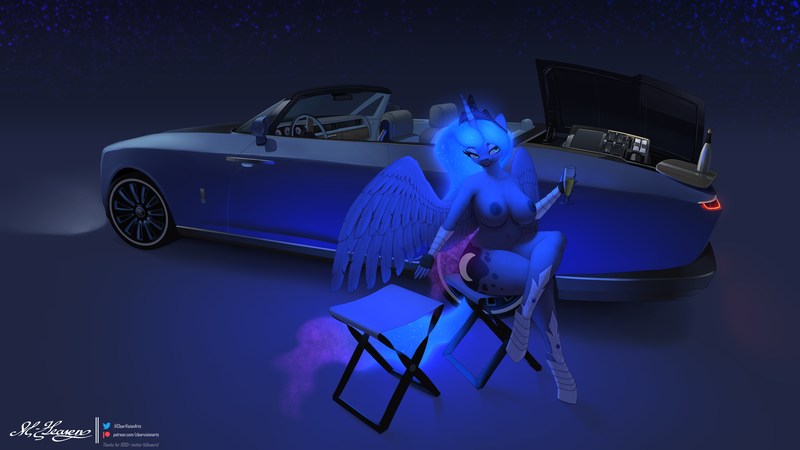 Size: 10000x5625 | Tagged: questionable, alternate version, artist:clear vision, derpibooru import, princess luna, anthro, unguligrade anthro, absurd resolution, alcohol, breasts, car, champagne, crossed legs, curvy, ethereal hair, ethereal mane, ethereal tail, eyeshadow, glow, glowing mane, glowing tail, image, inviting, looking at you, makeup, milestone celebration, nipples, nudity, pinup, png, rolls royce boat tail, rolls-royce, sexy, sitting, smiling, stupid sexy princess luna, tail, vehicle, wide hips, wine