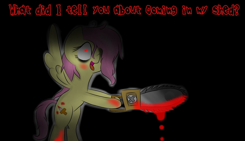 Size: 1735x1000 | Tagged: semi-grimdark, artist:girlduog, derpibooru import, fluttershy, pegasus, pony, .mov, shed.mov, bipedal, blood, chainsaw, fluttershed, hoof hold, image, jpeg, looking at you, messy mane, pony.mov, red eyes, stay out of my shed