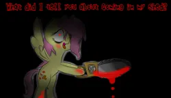 Size: 1735x1000 | Tagged: semi-grimdark, artist:girlduog, derpibooru import, fluttershy, pegasus, pony, .mov, shed.mov, bipedal, blood, chainsaw, fluttershed, hoof hold, image, jpeg, looking at you, messy mane, pony.mov, red eyes, stay out of my shed