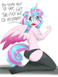 Size: 1800x2400 | Tagged: suggestive, artist:flutterthrash, derpibooru import, princess flurry heart, alicorn, anthro, plantigrade anthro, angry, blushing, breasts, busty princess flurry heart, clothes, covering, covering breasts, dialogue, female, image, looking at you, looking back, looking back at you, older, older flurry heart, panties, partial nudity, png, socks, solo, solo female, thigh highs, topless, underboob, underwear, vulgar