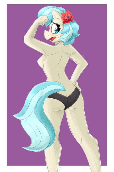 Size: 2000x3000 | Tagged: suggestive, artist:flutterthrash, derpibooru import, coco pommel, anthro, earth pony, ass, breasts, butt, clothes, female, hatbutt, image, looking at you, looking back, looking back at you, panties, partial nudity, png, reasonably sized breasts, sideboob, solo, solo female, topless, underwear