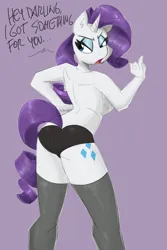 Size: 2000x3000 | Tagged: suggestive, artist:flutterthrash, derpibooru import, rarity, anthro, unicorn, angry, ass, breasts, butt, clothes, cutie mark, dialogue, female, image, looking at you, looking back, looking back at you, middle finger, panties, partial nudity, png, rearity, sideboob, socks, solo, solo female, thigh highs, topless, underwear, vulgar