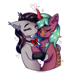 Size: 2500x2500 | Tagged: safe, artist:leah minik, derpibooru import, oc, oc:selketo, oc:valentora, unofficial characters only, bat pony, kirin, pony, wingless bat pony, bat pony oc, bat wings, blushing, bow, bowtie, bust, chest fluff, commission, cute, ear fluff, ear piercing, eyes closed, female, heart, horn, hug, image, kirin oc, male, mare, oc x oc, piercing, png, shipping, simple background, smiling, stallion, transparent background, wingless, wings