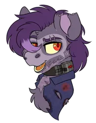 Size: 828x1062 | Tagged: semi-grimdark, artist:rokosmith26, derpibooru import, oc, oc:boom, unofficial characters only, earth pony, pony, fallout equestria, blood, blood stains, bust, clothes, crazy eyes, image, male, png, raider, scar, shirt, simple background, slave collar, smiling, stallion, teeth, torn clothes, torn ear, transparent background