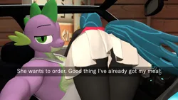 Size: 1920x1080 | Tagged: suggestive, artist:papadragon69, derpibooru import, queen chrysalis, spike, anthro, changeling, dragon, 3d, ass, bugbutt, butt, car interior, chryspike, clothes, double entendre, female, gigachad spike, he wants to order, image, male, meme, older, older spike, png, selfie, shipping, skirt, smiling, source filmmaker, straight, upskirt