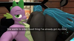 Size: 1920x1080 | Tagged: suggestive, artist:papadragon69, derpibooru import, queen chrysalis, spike, anthro, changeling, dragon, 3d, ass, bugbutt, butt, car interior, casual nudity, chryspike, double entendre, exhibitionism, female, gigachad spike, he wants to order, image, male, meme, nude version, nudity, older, older spike, png, public nudity, selfie, shipping, smiling, source filmmaker, straight