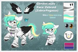 Size: 3920x2624 | Tagged: safe, artist:rokosmith26, derpibooru import, oc, unofficial characters only, hybrid, pegasus, pony, zebra, zebrasus, zebroid, bisexual, bisexual pride flag, blushing, claws, fangs, image, male, markings, pegasus oc, png, pride, pride flag, reference sheet, smiling, stallion, tail, tribal, unshorn fetlocks, wing claws, wings