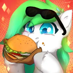 Size: 2480x2480 | Tagged: safe, artist:sinrinf, derpibooru import, oc, oc:gumdrop, pony, burger, commission, eating, flower, food, image, png, solo, sunglasses, ych result, your character here