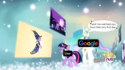 Size: 1135x640 | Tagged: safe, derpibooru import, edit, edited screencap, screencap, princess celestia, twilight sparkle, alicorn, unicorn, magical mystery cure, season 3, duo, female, google, image, logo, meme, png, unicorn twilight