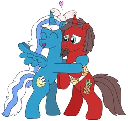 Size: 2536x2389 | Tagged: safe, artist:supahdonarudo, derpibooru import, oc, oc:fleurbelle, oc:ironyoshi, unofficial characters only, alicorn, pony, unicorn, bipedal, bow, clothes, female, heart, hug, image, male, mare, png, shirt, simple background, stallion, transparent background