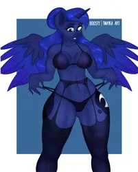 Size: 1800x2240 | Tagged: suggestive, alternate version, artist:twa1kaart, derpibooru import, princess luna, alicorn, anthro, big breasts, big girl, black underwear, bra, breasts, busty princess luna, cameltoe, clothes, female, garter belt, image, panties, panty pull, png, sexy, smiling, socks, solo, solo female, stockings, thigh highs, underwear