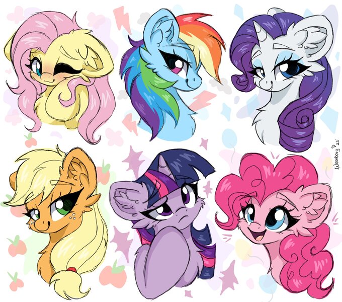 Size: 2048x1807 | Tagged: safe, artist:woonborg, derpibooru import, applejack, fluttershy, pinkie pie, rainbow dash, rarity, twilight sparkle, blushing, bust, cutie mark, ear fluff, image, jpeg, sketch, smiling, smug, thinking