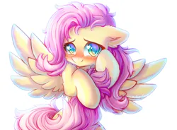 Size: 1270x935 | Tagged: safe, artist:chaosangeldesu, derpibooru import, fluttershy, pegasus, pony, unicorn, blushing, cute, daaaaaaaaaaaw, female, floppy ears, image, jpeg, looking at you, mare, shyabetes, simple background, smiling, solo, white background