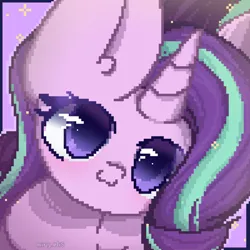 Size: 2000x2000 | Tagged: safe, artist:miryelis, derpibooru import, starlight glimmer, pony, unicorn, big ears, big eyes, blushing, cute, horn, image, looking at you, pixel art, png, simple background, smiling, smiling at you, solo, sparkles