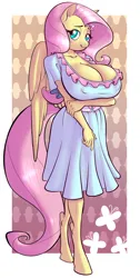 Size: 1680x3344 | Tagged: suggestive, artist:joenobody, derpibooru import, fluttershy, anthro, pegasus, unguligrade anthro, big breasts, breasts, busty fluttershy, clothes, dress, erect nipples, female, hooves, huge breasts, image, nipple outline, png, simple background, solo, solo female, tail, wings