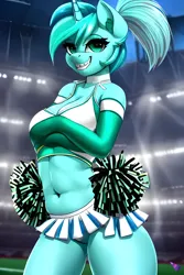 Size: 1280x1920 | Tagged: suggestive, derpibooru import, edit, editor:diego96, machine learning generated, purplesmart.ai, stable diffusion, lyra heartstrings, anthro, unicorn, adorasexy, belly, belly button, braces, breasts, busty lyra heartstrings, cheerleader, cheerleader outfit, clothes, covering, covering breasts, curvy, cute, female, hourglass figure, image, jpeg, looking at you, lyrageddon, machine learning abomination, pom pom, ponytail, sexy, smiling, solo, solo female, stadium, tail, thighs, waifu, wide hips