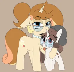 Size: 2778x2685 | Tagged: safe, artist:chaosllama, derpibooru import, oc, oc:mocha bean macchiato, oc:tiarmisu juliette, pony, unicorn, beanie, female, filly, foal, glasses, hat, image, mare, milf, mother and child, mother and daughter, png, tongue out