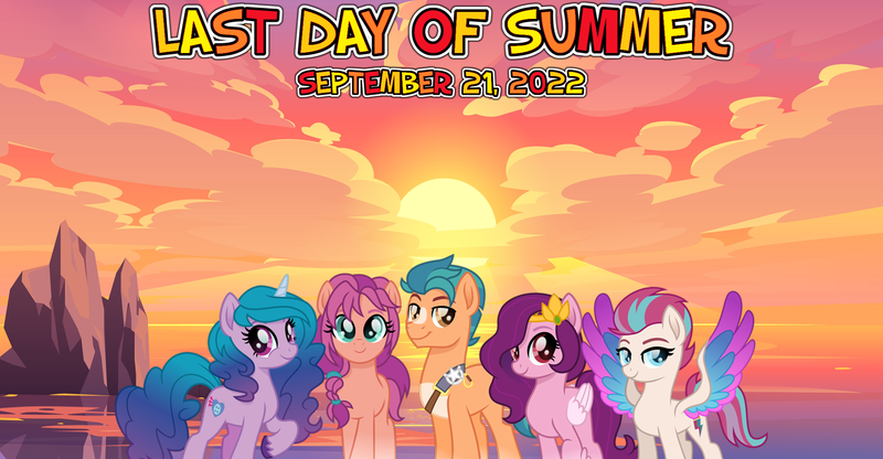 Size: 2064x1073 | Tagged: safe, artist:limedazzle, artist:not-yet-a-brony, derpibooru import, hitch trailblazer, izzy moonbow, pipp petals, sunny starscout, zipp storm, earth pony, pegasus, unicorn, 2022, beach, cloud, friends, g5, group photo, group shot, image, lyrics in the description, mane five (g5), ocean, png, september, song reference, summer, sunrise, sunset, water, youtube link in the description