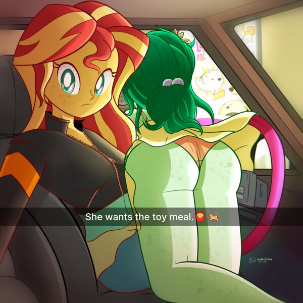 Size: 4096x4096 | Tagged: suggestive, alternate version, artist:theratedrshimmer, derpibooru import, sunset shimmer, wallflower blush, human, equestria girls, adorasexy, butt, butt freckles, car, car interior, clothes, cute, dress, emoji, female, flower, freckles, he wants to order, image, implied cloudpuff, jpeg, lesbian, meme, panties, selfie, sexy, ship:wallset, shipping, skirt, sundress, underwear, upskirt, wallflower butt, wallset