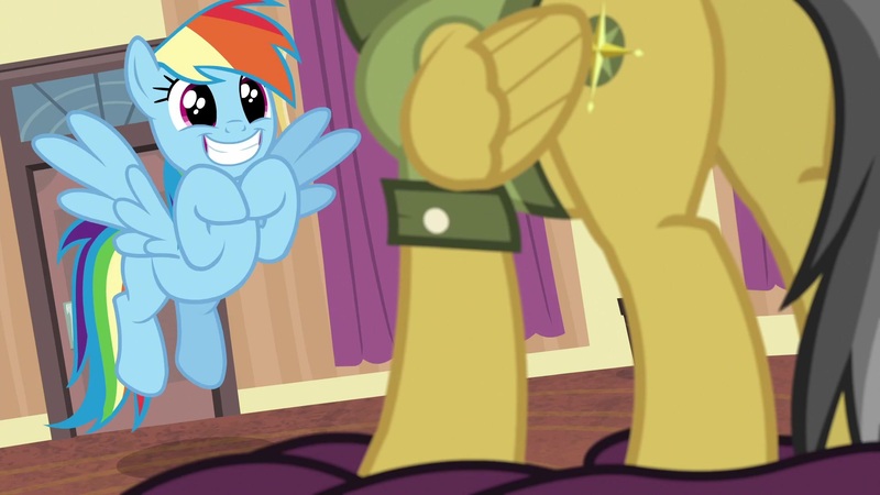 Size: 1920x1080 | Tagged: safe, derpibooru import, screencap, daring do, rainbow dash, pegasus, pony, season 6, stranger than fan fiction, 1080p, butt, clothes, cute, cutie mark, dashabetes, duo, duo female, female, image, jpeg, mare, plot, rainbow dash is best facemaker, smiling, spread wings, wings