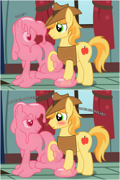 Size: 3119x4678 | Tagged: safe, artist:badumsquish, derpibooru import, braeburn, oc, oc:quiddity, goo, goo pony, monster pony, original species, pony, 2 panel comic, bedroom eyes, blushing, braeburn's hat, canon x oc, comic, curtains, derpibooru exclusive, dialogue, duo, female, female to male, flirting, gay, hat, hoof hold, house, image, male, open mouth, png, raised hoof, rule 63, shapeshifting, show accurate, straight, transformation, transgender transformation, want, window