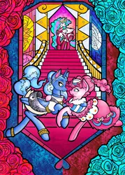 Size: 4800x6714 | Tagged: safe, alternate version, artist:facadeart, derpibooru import, pinkie pie, princess celestia, princess luna, alicorn, earth pony, boots, clothes, commission, dress, ear piercing, earring, eyeshadow, fanfic art, female, fimfiction, fimfiction.net link, flower, image, jewelry, jpeg, makeup, piercing, rose, shoes, socks, stained glass, stained glass window, text, tiara, trio, trio female