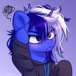 Size: 1000x1000 | Tagged: safe, artist:shelti, derpibooru import, oc, unofficial characters only, pony, unicorn, angry, blushing, bust, clothes, commission, female, hoodie, horn, image, jpeg, mare, portrait, scrunchy face, solo, unicorn oc