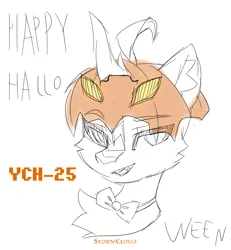 Size: 1531x1655 | Tagged: safe, artist:leah minik, derpibooru import, oc, pony, advertisement, any gender, any race, bowtie, bust, chest fluff, commission, halloween, happy halloween, holiday, image, jack-o-lantern, looking at you, png, portrait, pumpkin, pumpkin head, simple background, smiling, smiling at you, smug, solo, white background, your character here