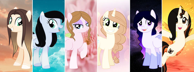 Size: 1280x477 | Tagged: safe, artist:cindystarlight, derpibooru import, oc, oc:ashley shine diamond, oc:cindy, oc:flower heart, oc:lucy ghost, oc:night light star, oc:sara butterfly, earth pony, pegasus, pony, unicorn, base used, image, jpeg