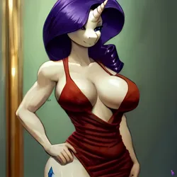 Size: 1024x1024 | Tagged: suggestive, derpibooru import, machine learning generated, stable diffusion, rarity, anthro, unicorn, absolute cleavage, big breasts, breasts, busty rarity, cleavage, clothes, dress, female, hair over one eye, hand on hip, image, jpeg, side slit, smiling, solo, solo female